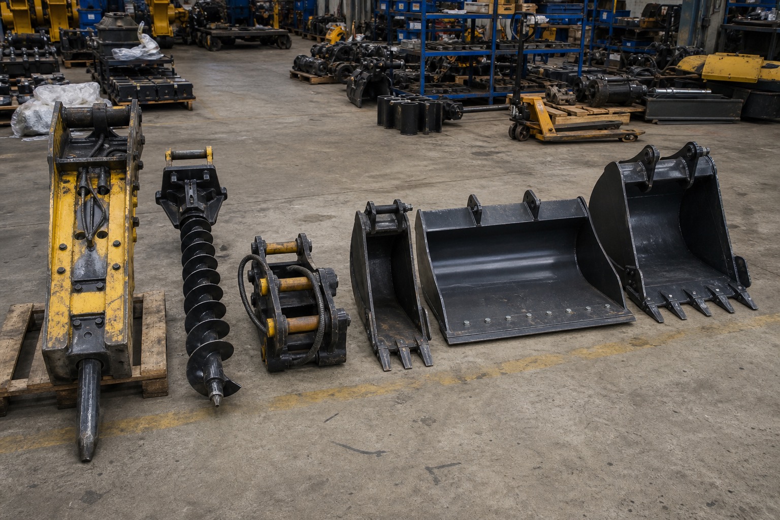 Excavator attachments arranged on a factory floor