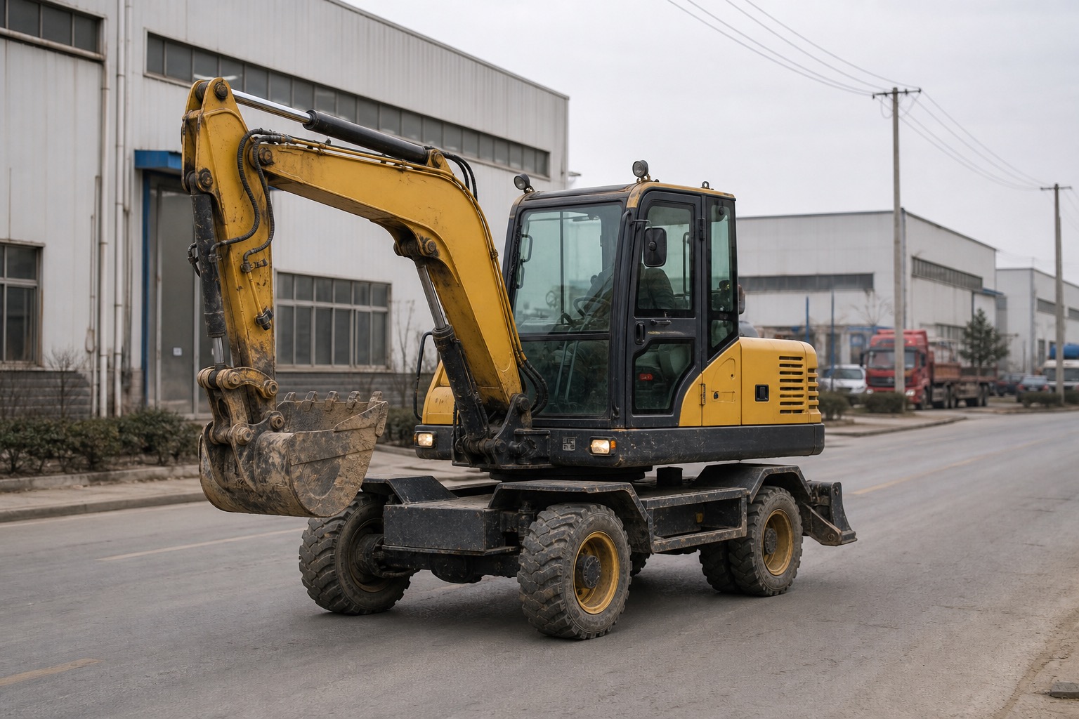 Wheel excavator driving in an industrial zone